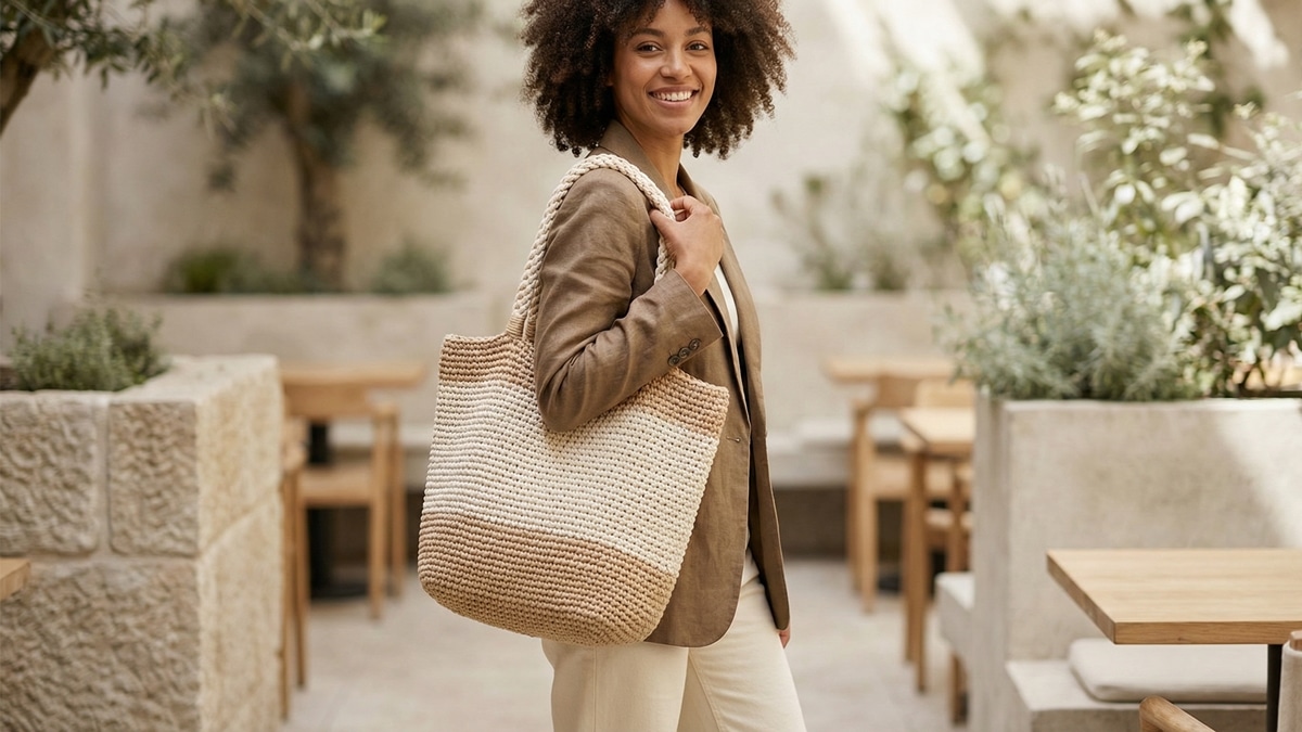 Mulher sorrindo usando bolsa shopper grande de crochê em barbante cru