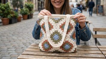 Mulher sorrindo com bolsa tote de crochê em granny squares coloridos em tons retrô