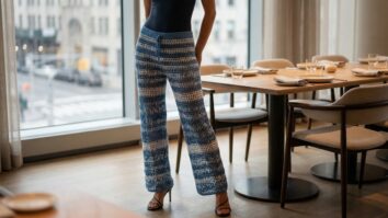 Modelo feminina usando calça de crochê az jantar sofisticado com mesa posta ao fundo