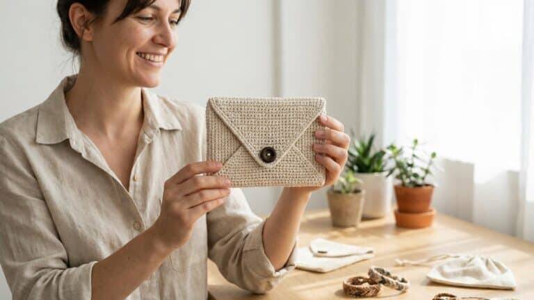 Mulher sorrindo mostrando carteira de crochê modelo envelope em tom elegante