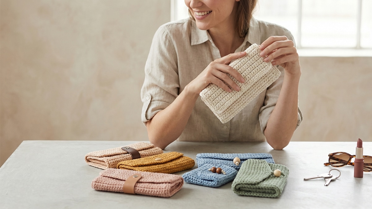 Mulher sorridente segurando carteira de crochê artesanal com coleção de carteiras em diferentes cores e estilos