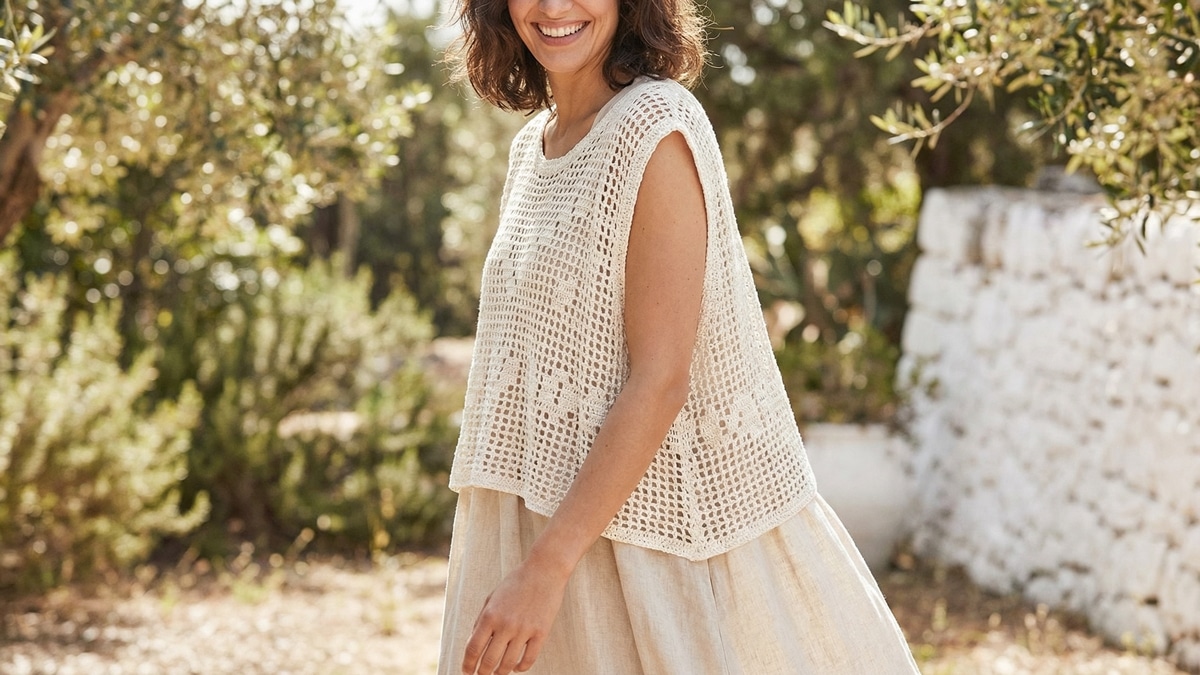 Mulher sorrindo usando colete de crochê off-white leve em ambiente de verão