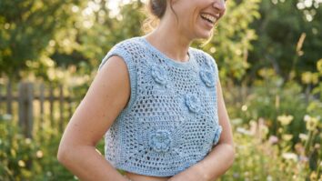 Mulher sorrindo com blusinha cropped de crochê azul claro com flores aplicadas em ambiente de verão