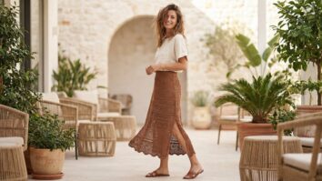 Mulher sorrin saia midi de crochê marrom com pontos rendados e fenda lateral