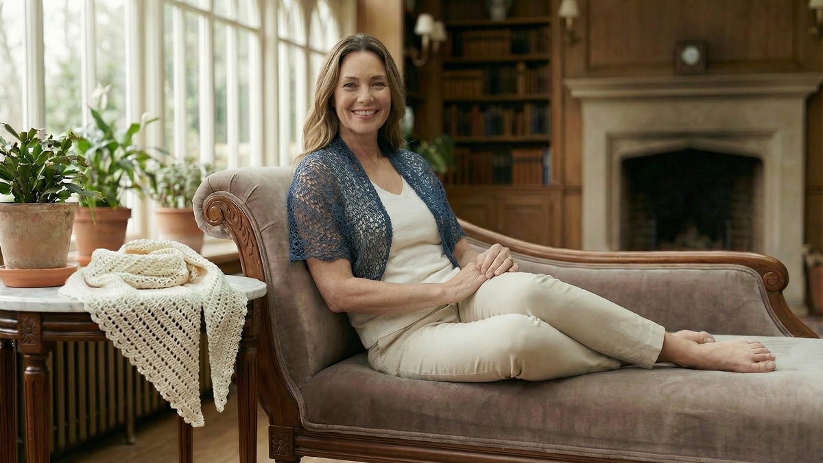 Mulher sorrindo usando xale curto de crochê em tom escuro sobre os ombros