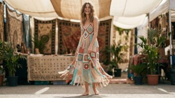 Mulher de corpo inteiro com vestido de crochê boho festival colorido com franjas