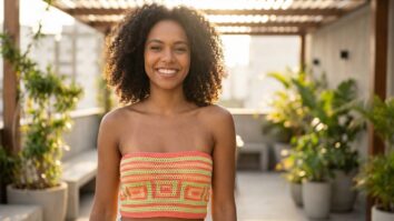 Mulher brasileira sorrindo usando cropped de crochê em cor vibrante em ambiente de verão moderno