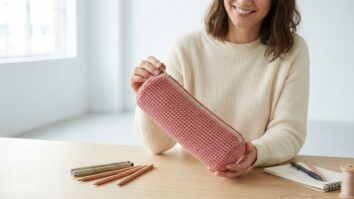 Mulher sorrindo segurando estojo de crochê rosa com materiais organizados ao redor