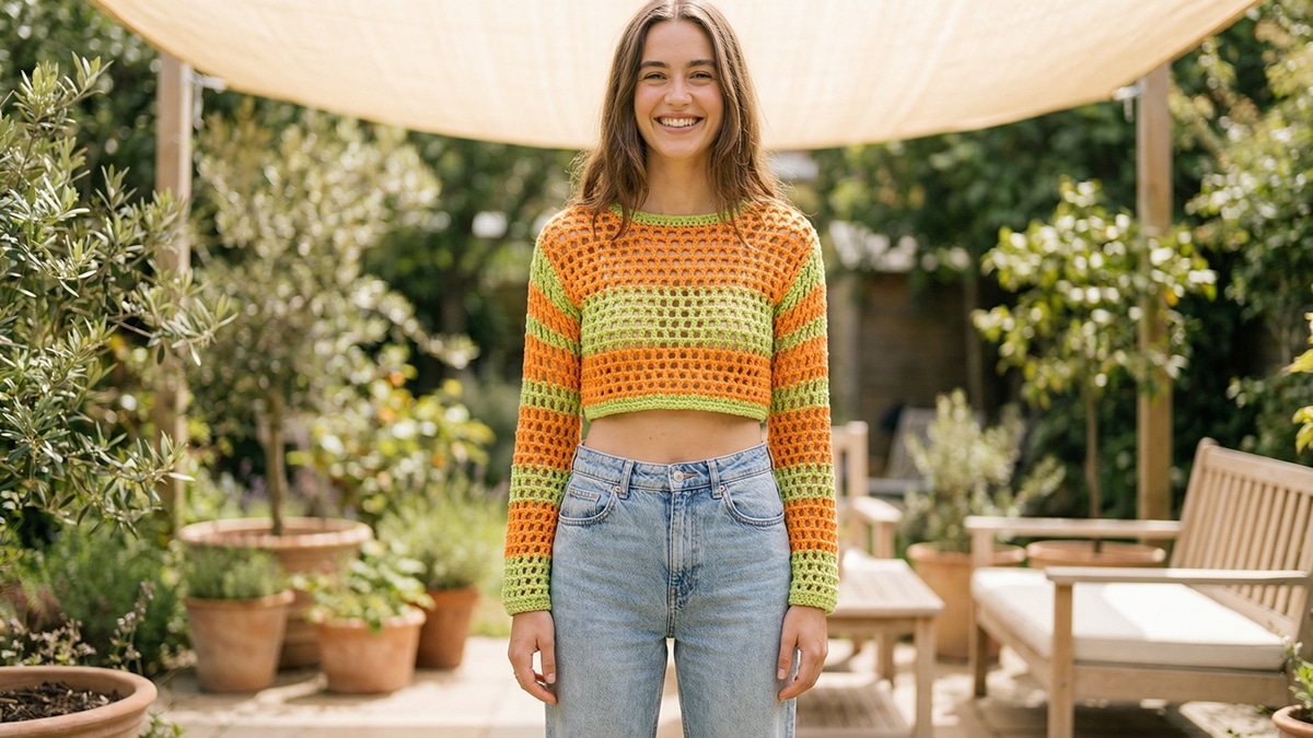 Mulher completa sorrindo com cropped de croch look de verão