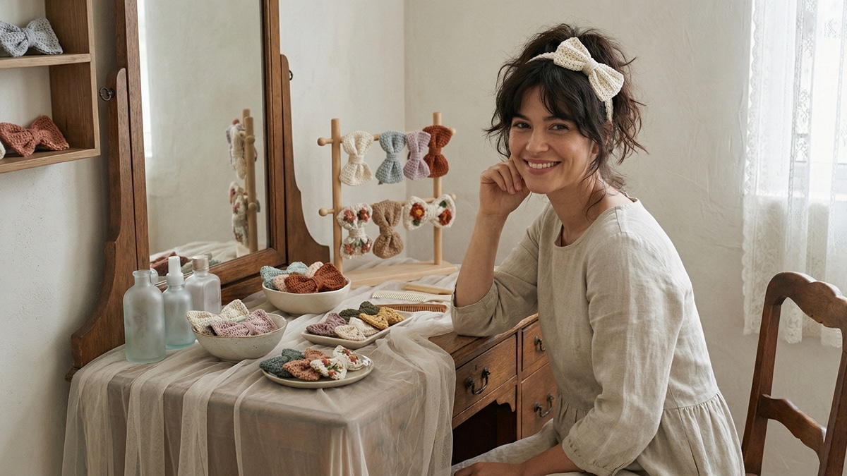 Mulher sorridente usando laço de crochê no cabelo, sentada próxima a penteadeira com outros laços artesanais organizados