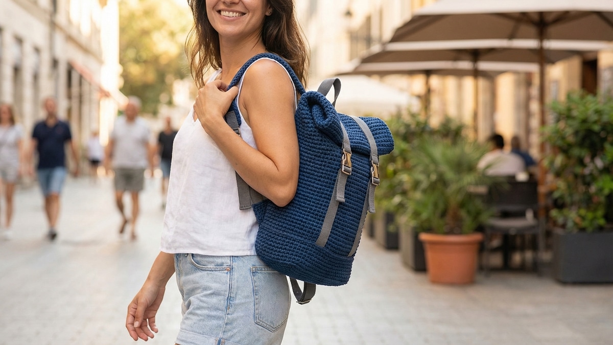 Mulher sorrindo usando mochila de crochê roll-top azul em dia ensolarado de verão urbano