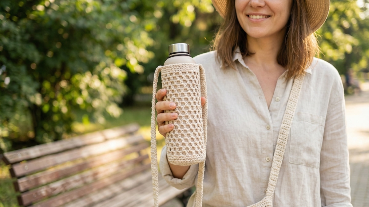Mulher sorrindo mostrando porta garrafa de crochê mesh bege com alça longa em ambiente externo