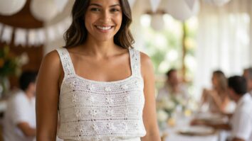 Mulher sorrindo usando regata de crochê branca com motivos florais para réveillon