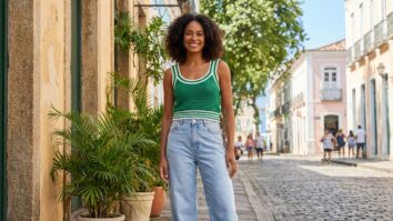 Mulher sorrindo usando regata canelada de crochê verde com calça jeans wide leg