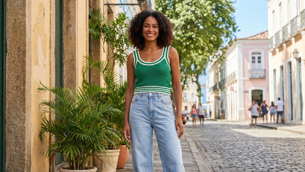 Mulher sorrindo usando regata canelada de crochê verde com calça jeans wide leg