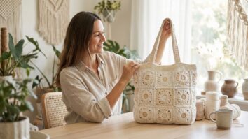 Mulher sorrindo com bolsa de crochê artesanal em tons naturais sobre mesa de madeira
