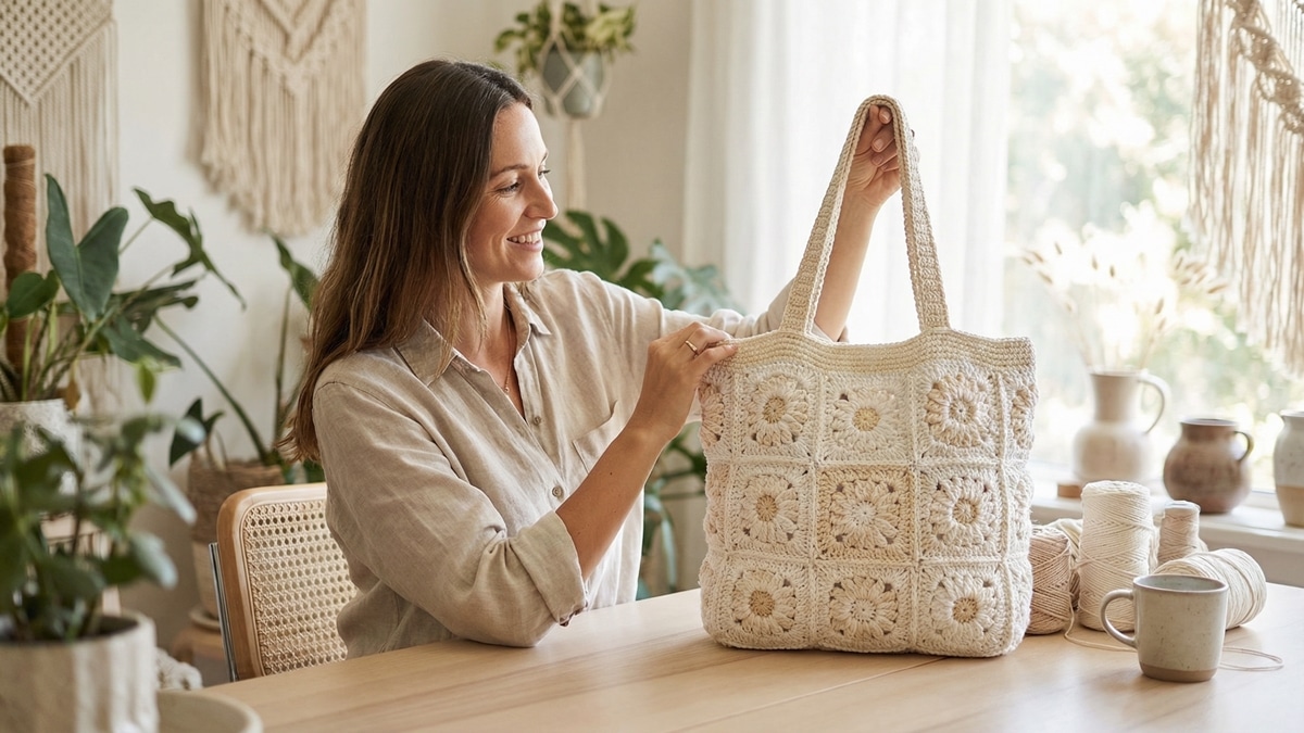 Mulher sorrindo com bolsa de crochê artesanal em tons naturais sobre mesa de madeira