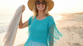 Mulher sorrindo usando top de crochê com babados em ambiente de verão