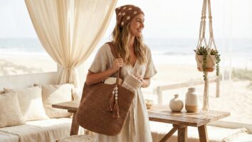 Mulher sorrindo em ambiente de verão usando bolsa de praia e bandana de crochê marto praiano elegante