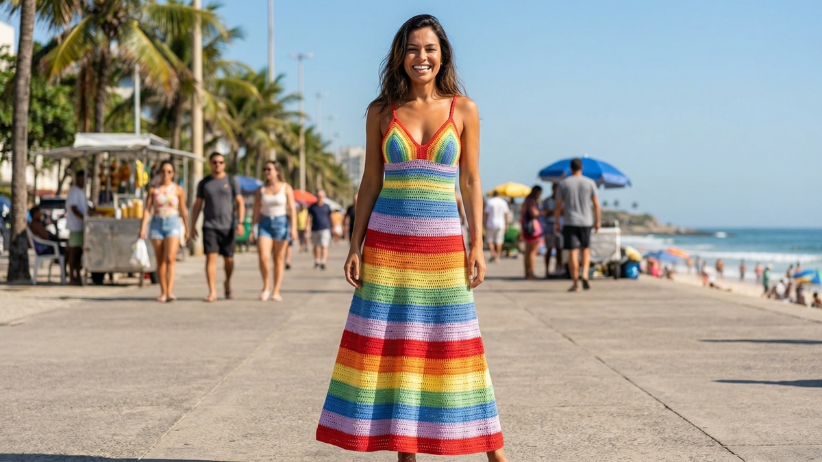 Mulher na orla usando vestido de crochê com listras coloridas arco-íris