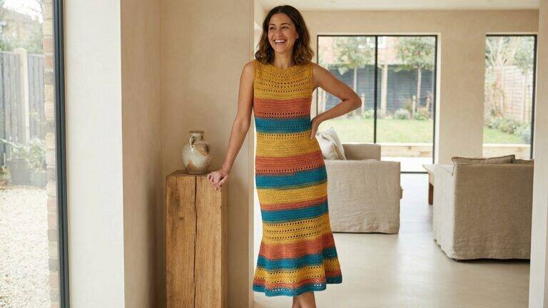 Mulher sorrindo usando vestido de crochê em cor vibrante com silhueta fluida
