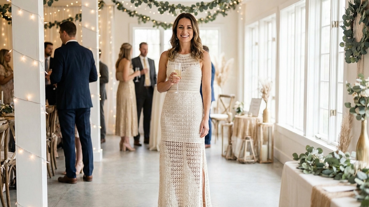 Mulher sorrindo usando vestido longo de crochê branco em ambiente sofisticado de festa