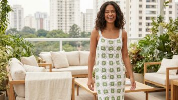 Mulher sorrindo usando vestido de crochê com squares brancos e detalhes verdes em ambiente urbano elegante