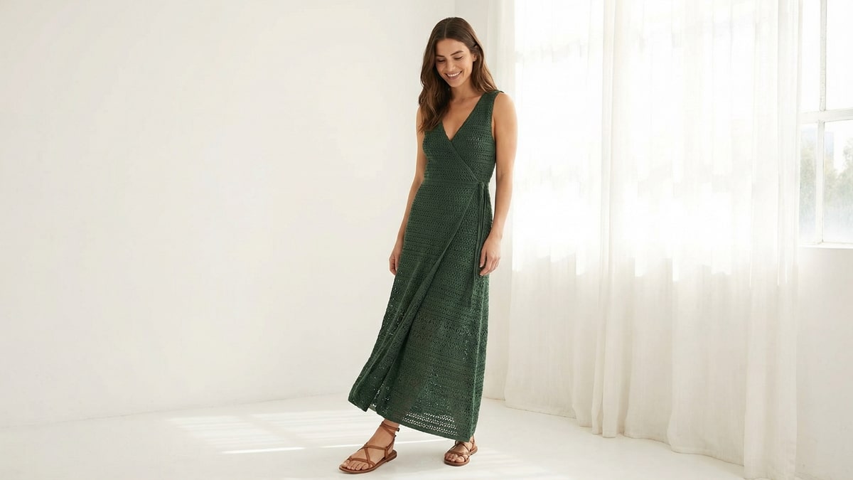 Mulher sorrindo usando vestido envelope de crochê verde escuro em ambiente clean