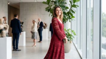 Mulher sorrindo com vestido de crochê vermelho em ambiente sofisticado contemporâneo