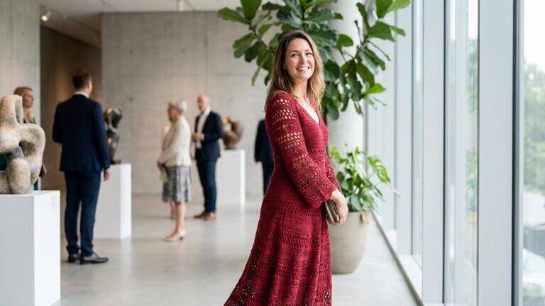 Mulher sorrindo com vestido de crochê vermelho em ambiente sofisticado contemporâneo