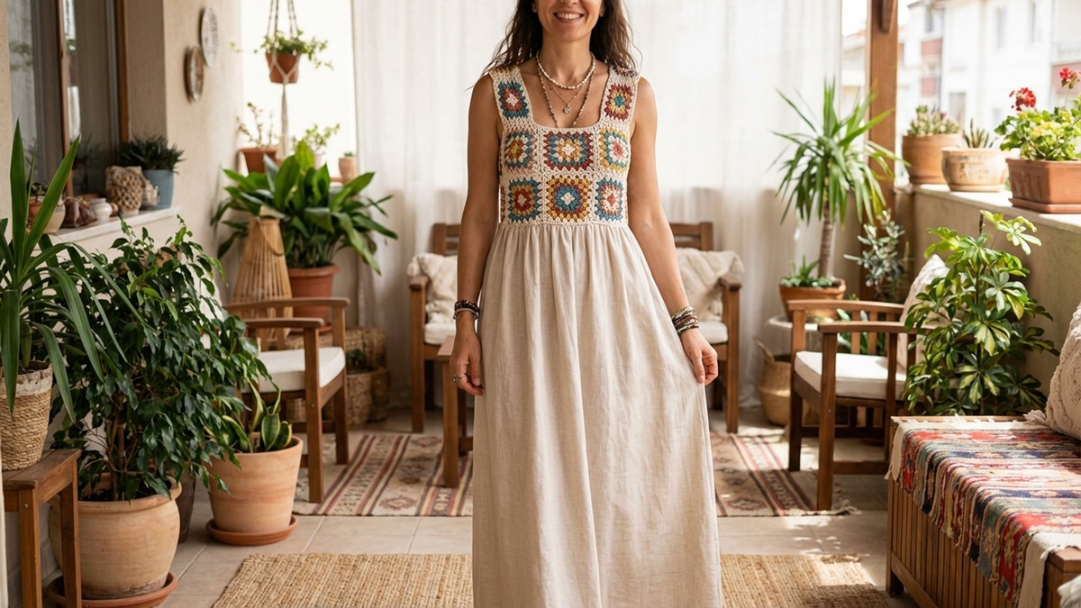 Mulher sorrindo usando vestido longo com crochê e tecido em ambiente boho