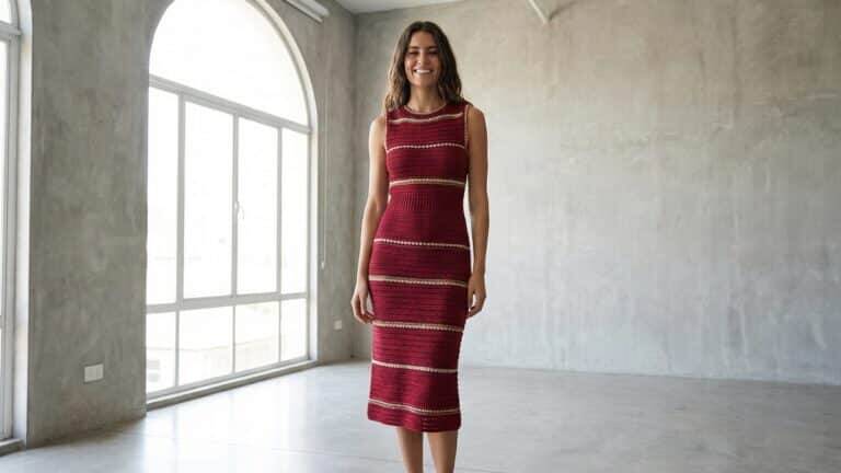 Mulher sorrindo usando vestido tubinho de crochê vermelho elegante emimalista