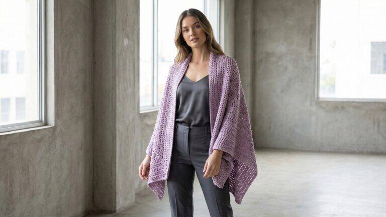 Mulher sorridno usando usando xale de crochê roxo claro, ampla e fluida em ambiente urbano elegante