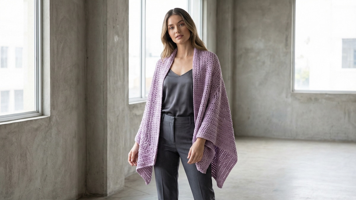 Mulher sorridno usando usando xale de crochê roxo claro, ampla e fluida em ambiente urbano elegante