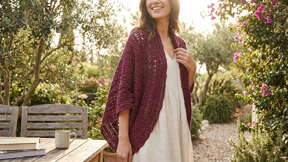 Mulher sorrindo usando xale de crochê vinho em ambiente externo luminoso