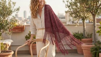 Mulher sorrindo usando xale de crochê vinho leve com franjas longas em ambiente externo suave