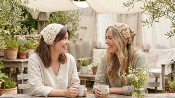 uas mulheres sorrindo usando bandanas de crochê em tons naturais em ambiente de verão