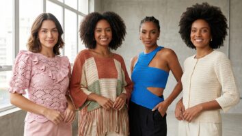 Mulheres sorrindo usando blusas de crochê em quatro estilos diferentes