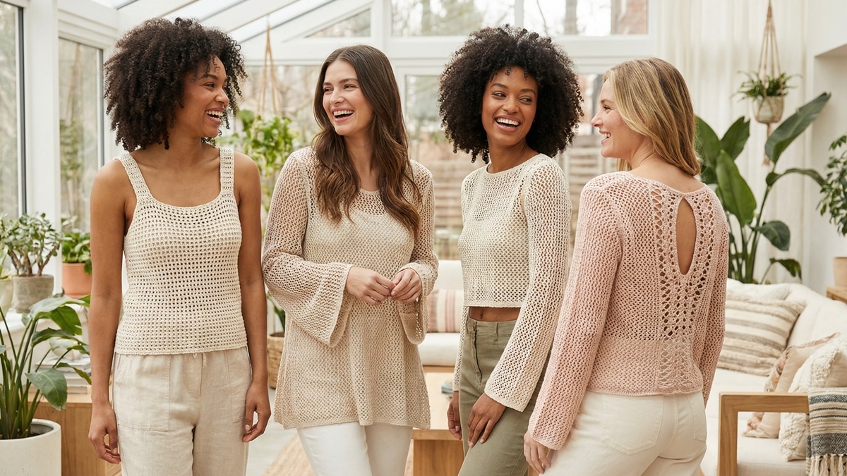 Grupo de mulheres sorrindo em ambiente leve, vestindo diferentes modelos de blusas de crochê artesanal em tons claros.