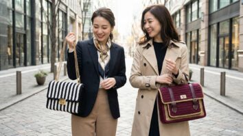 Duas mulheres elegantes em cenário urbano usando bolsas de crochê de luxo em preto e branco e vinho com dourado.