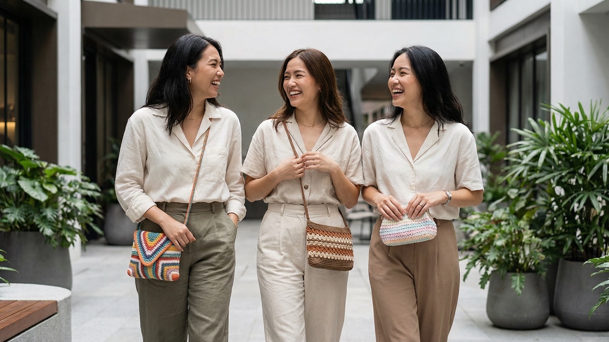 Três mulheres em ambiente urbano elegante exibindo bolsinhas de crochê artesanais compactas em diferentes estilos e cores
