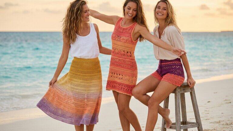 Mulheres sorrindo usando saia,ido e short de crochê em tons sunset vibrantes