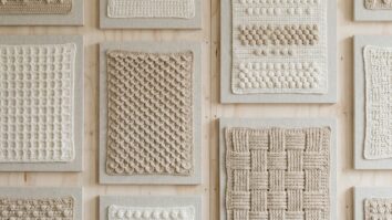 Painel único de amostras de crochê em atelier, exibindo texturas waffle, alpino e 3D em tons off-white e bege natural.