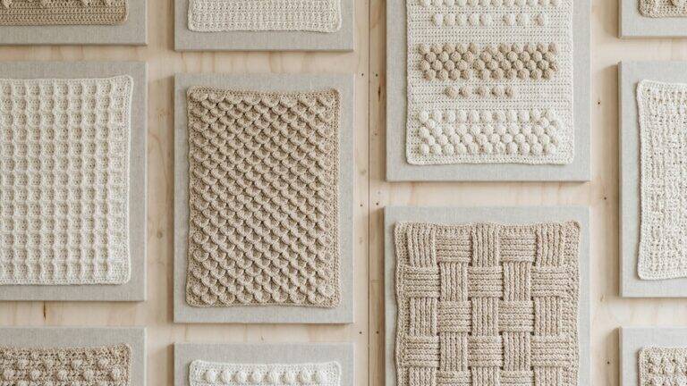Painel único de amostras de crochê em atelier, exibindo texturas waffle, alpino e 3D em tons off-white e bege natural.