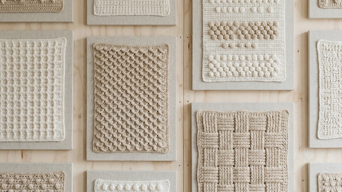 Painel único de amostras de crochê em atelier, exibindo texturas waffle, alpino e 3D em tons off-white e bege natural.