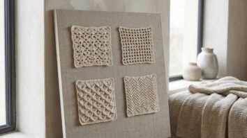 Painel com amostras de pontos de crochê em algodão cru mostrando texturas variadas