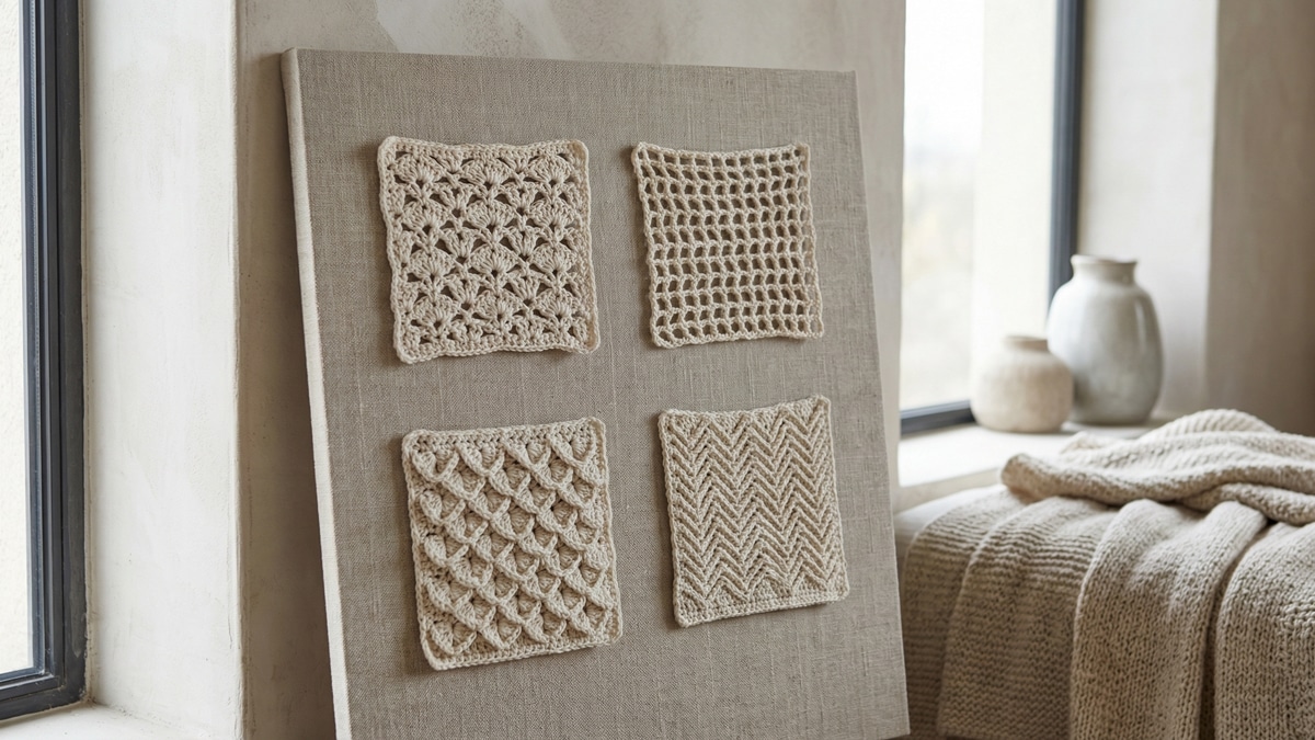 Painel com amostras de pontos de crochê em algodão cru mostrando texturas variadas