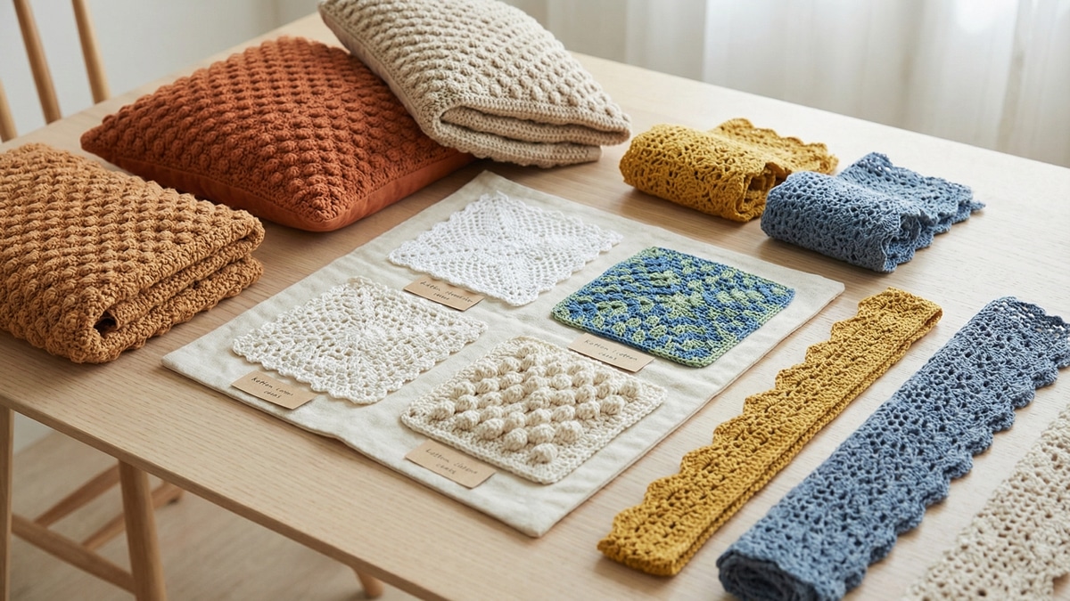 Painel com amostras de pontos de crochê em cores variadas sobre mesa de madeira clara