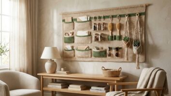 Painel organizador de crochê fixado na parede com bolsos e objetos decorativos