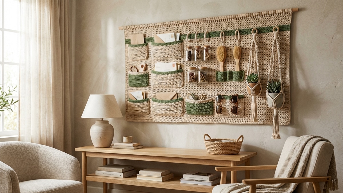 Painel organizador de crochê fixado na parede com bolsos e objetos decorativos
